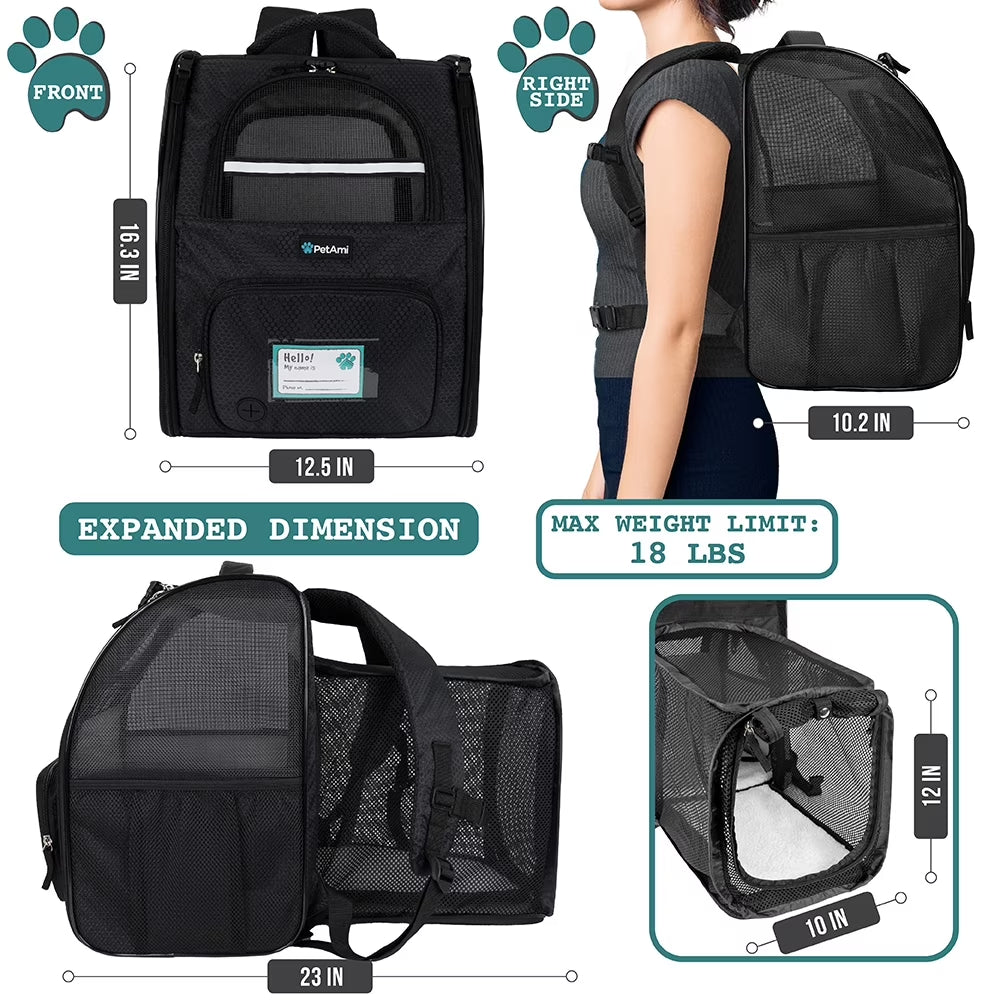 Pet Backpack Carrier for Dog Cat, Expandable Cat Carrier Backpack for Travel Hiking, Airline Approved Cat Backpacks for Small Medium Dog Puppy Large Cat, Extended Dog Cat Carrier, Black