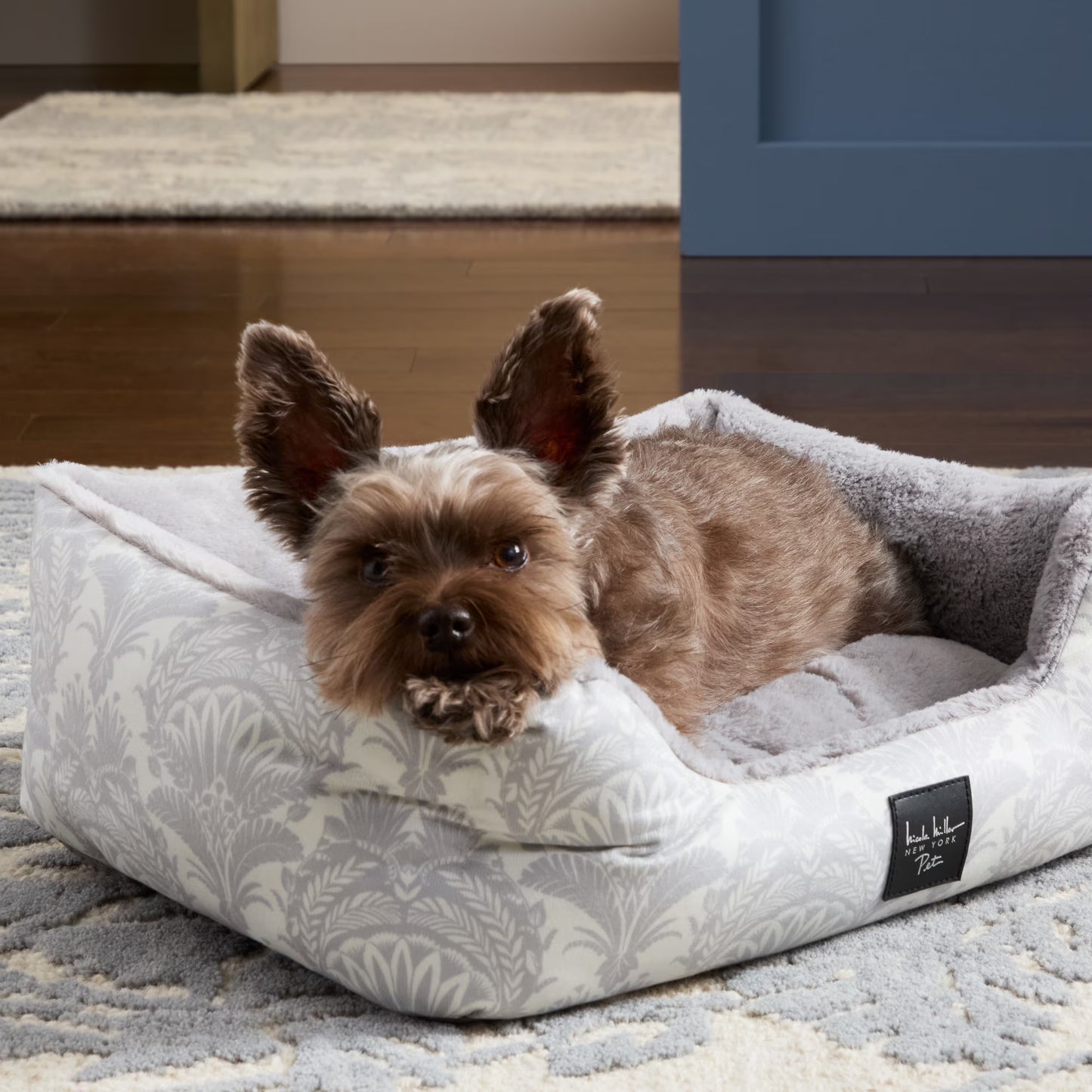 Mod Damask Plushy Bolster Pet Bed, Cozy & Calming, Water Repellent, Non-Slip Bottom, 100% Machine Washable, Grey, Medium 30"X23"X8"