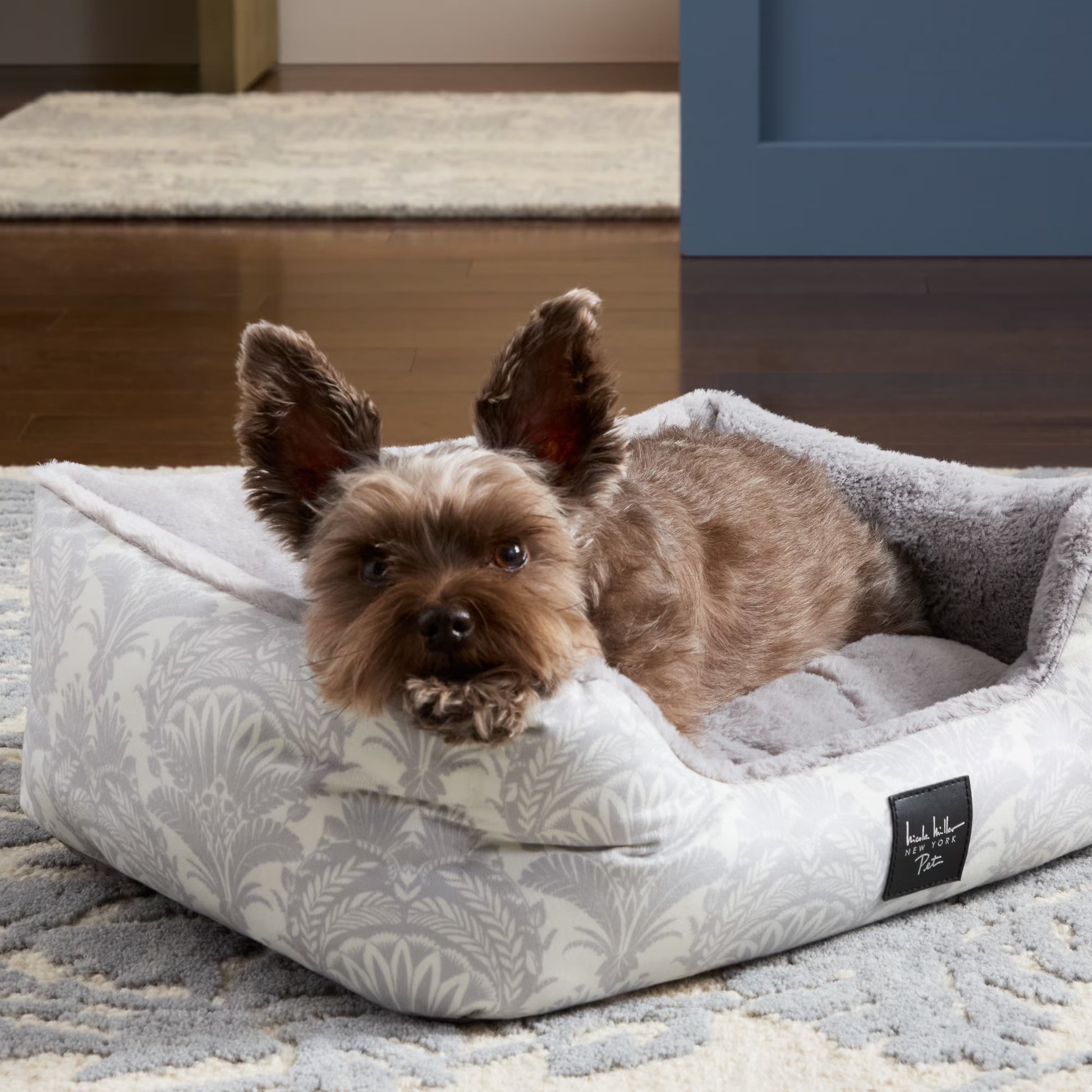Mod Damask Plushy Bolster Pet Bed, Cozy & Calming, Water Repellent, Non-Slip Bottom, 100% Machine Washable, Grey, Medium 30"X23"X8"