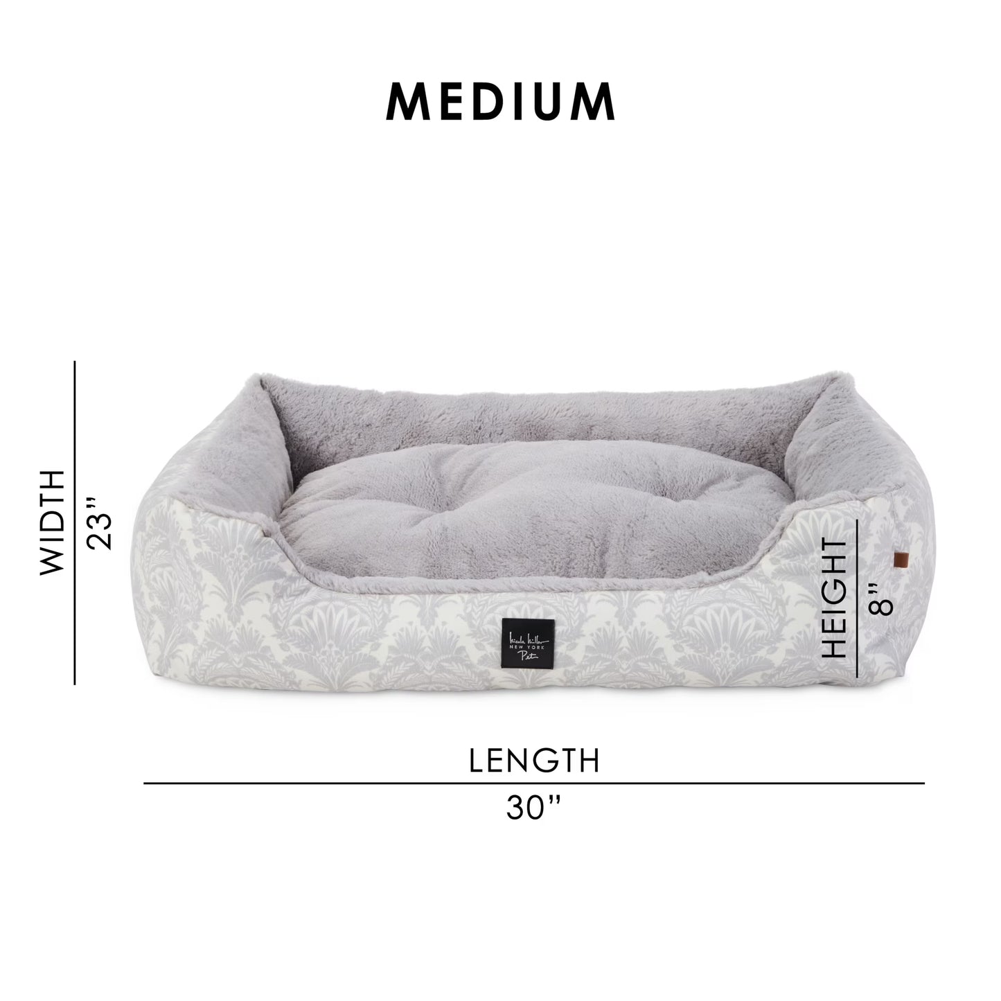 Mod Damask Plushy Bolster Pet Bed, Cozy & Calming, Water Repellent, Non-Slip Bottom, 100% Machine Washable, Grey, Medium 30"X23"X8"
