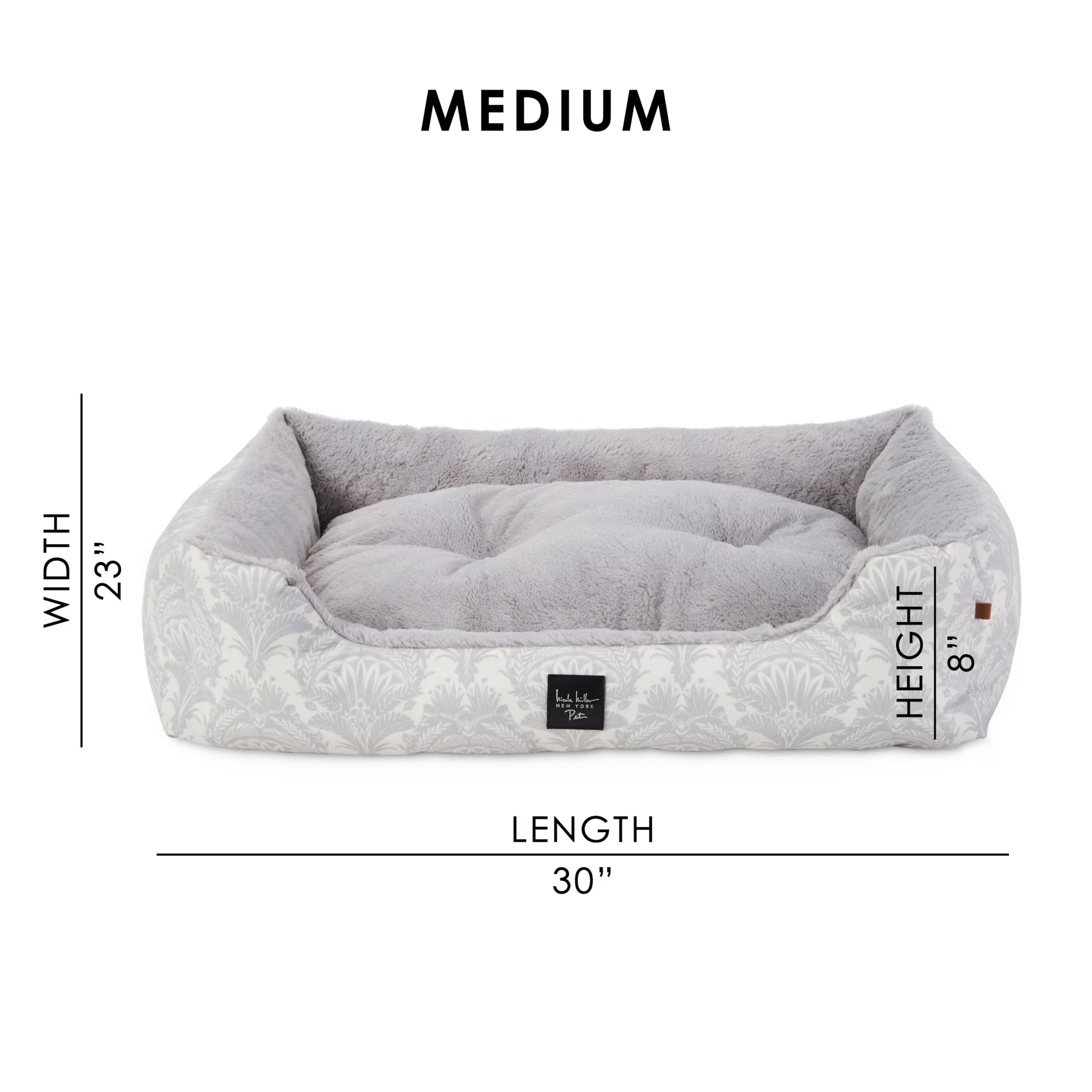 Mod Damask Plushy Bolster Pet Bed, Cozy & Calming, Water Repellent, Non-Slip Bottom, 100% Machine Washable, Grey, Medium 30"X23"X8"
