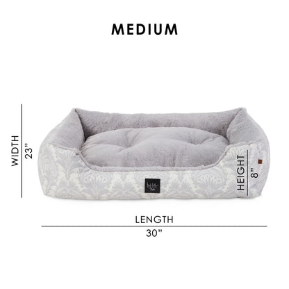 Mod Damask Plushy Bolster Pet Bed, Cozy & Calming, Water Repellent, Non-Slip Bottom, 100% Machine Washable, Grey, Medium 30"X23"X8"