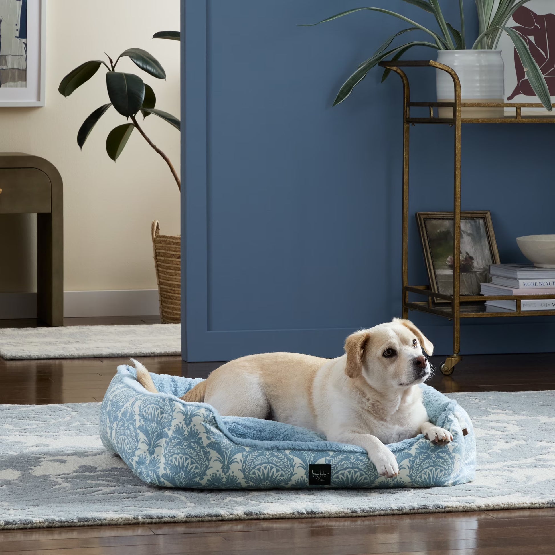 Mod Damask Plushy Bolster Pet Bed, Cozy & Calming, Water Repellent, Non-Slip Bottom, 100% Machine Washable, Grey, Medium 30"X23"X8"