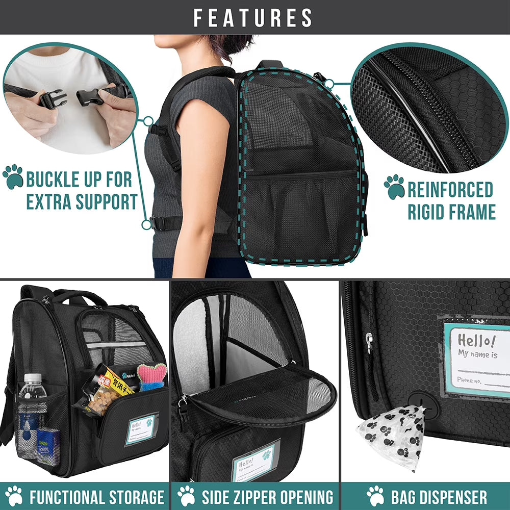 Pet Backpack Carrier for Dog Cat, Expandable Cat Carrier Backpack for Travel Hiking, Airline Approved Cat Backpacks for Small Medium Dog Puppy Large Cat, Extended Dog Cat Carrier, Black