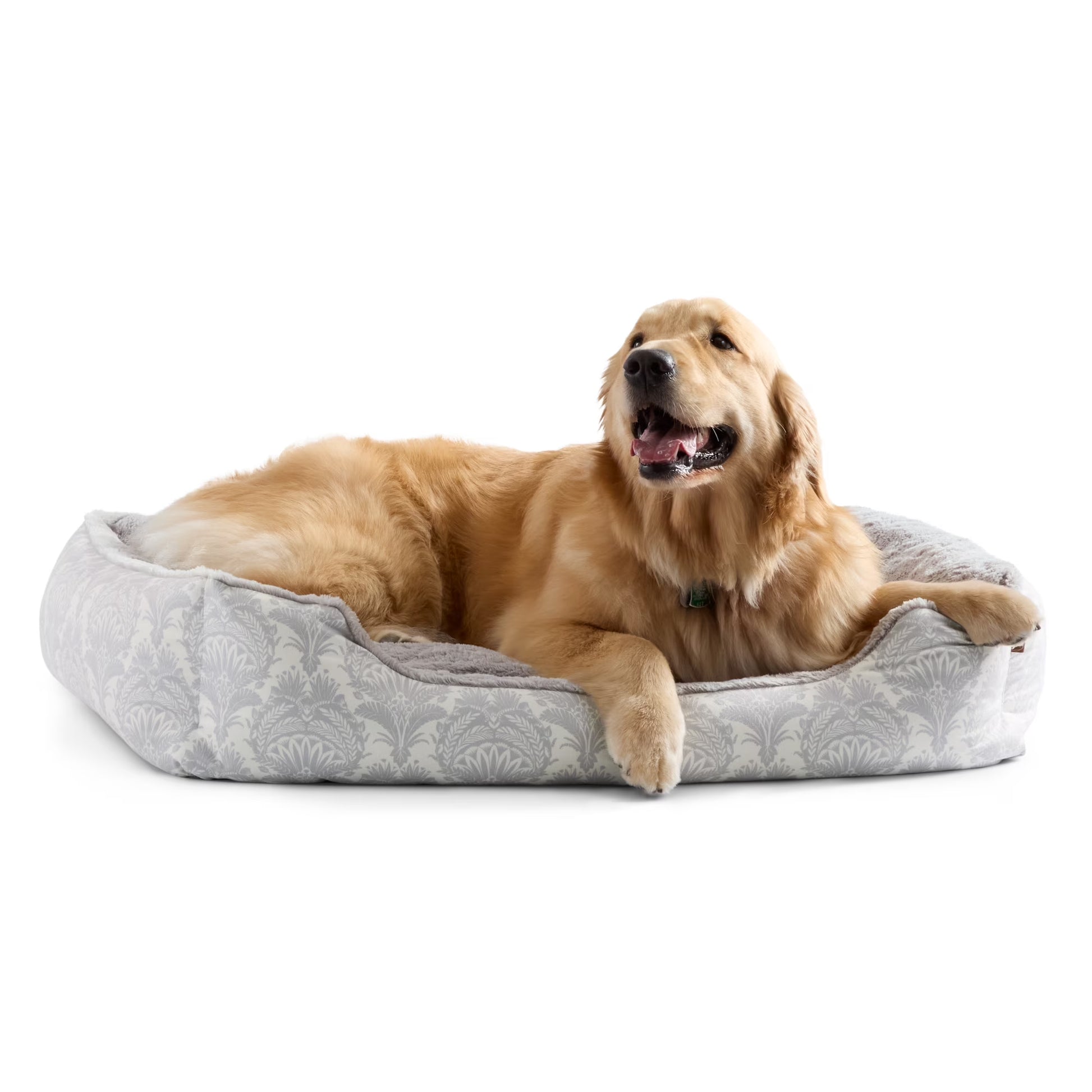 Mod Damask Plushy Bolster Pet Bed, Cozy & Calming, Water Repellent, Non-Slip Bottom, 100% Machine Washable, Grey, Medium 30"X23"X8"