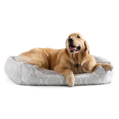 Mod Damask Plushy Bolster Pet Bed, Cozy & Calming, Water Repellent, Non-Slip Bottom, 100% Machine Washable, Grey, Medium 30"X23"X8"