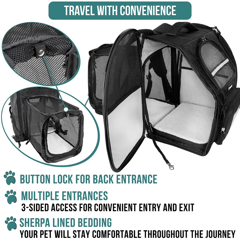 Pet Backpack Carrier for Dog Cat, Expandable Cat Carrier Backpack for Travel Hiking, Airline Approved Cat Backpacks for Small Medium Dog Puppy Large Cat, Extended Dog Cat Carrier, Black
