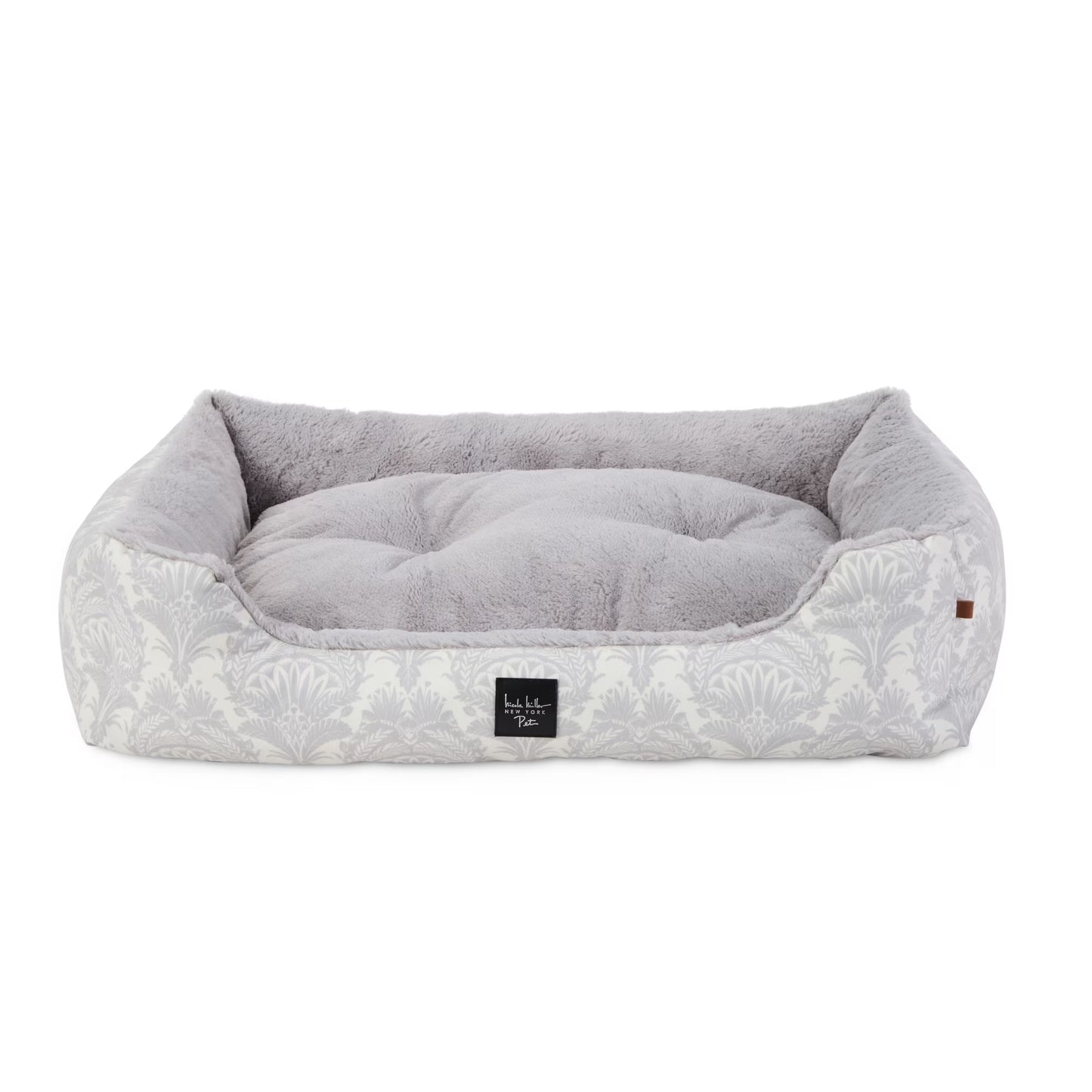 Mod Damask Plushy Bolster Pet Bed, Cozy & Calming, Water Repellent, Non-Slip Bottom, 100% Machine Washable, Grey, Medium 30"X23"X8"