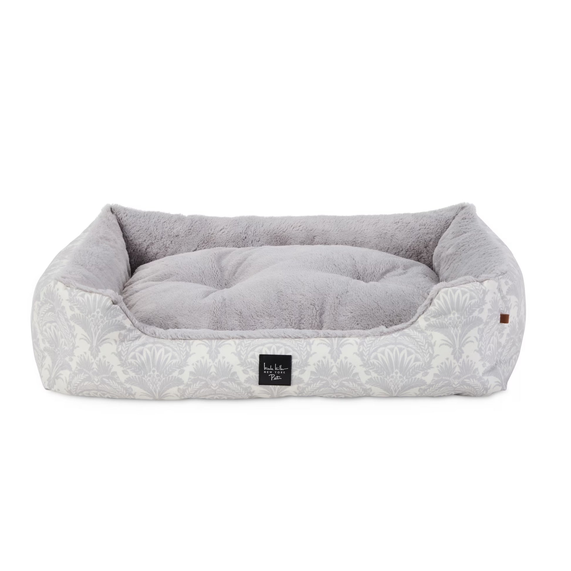 Mod Damask Plushy Bolster Pet Bed, Cozy & Calming, Water Repellent, Non-Slip Bottom, 100% Machine Washable, Grey, Medium 30"X23"X8"
