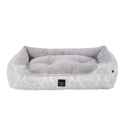 Mod Damask Plushy Bolster Pet Bed, Cozy & Calming, Water Repellent, Non-Slip Bottom, 100% Machine Washable, Grey, Medium 30"X23"X8"